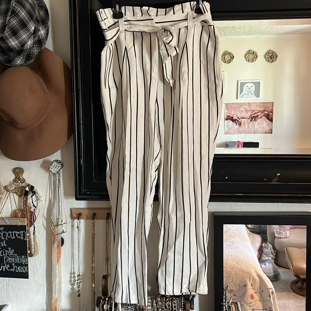 Striped Paperbag Waist Pants - White with Black Stripes